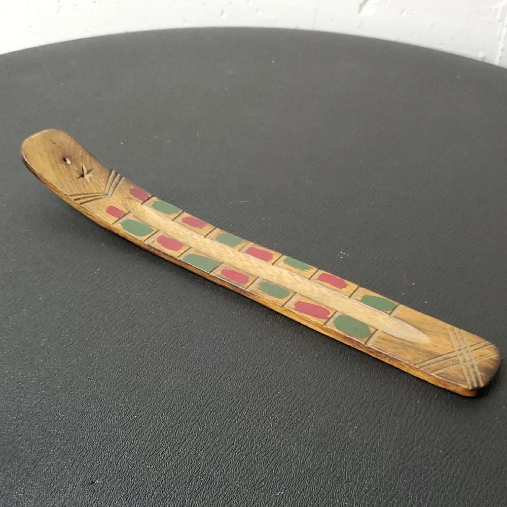 Vintage Native American Wooden Decorative Stick with Red and Green Accents